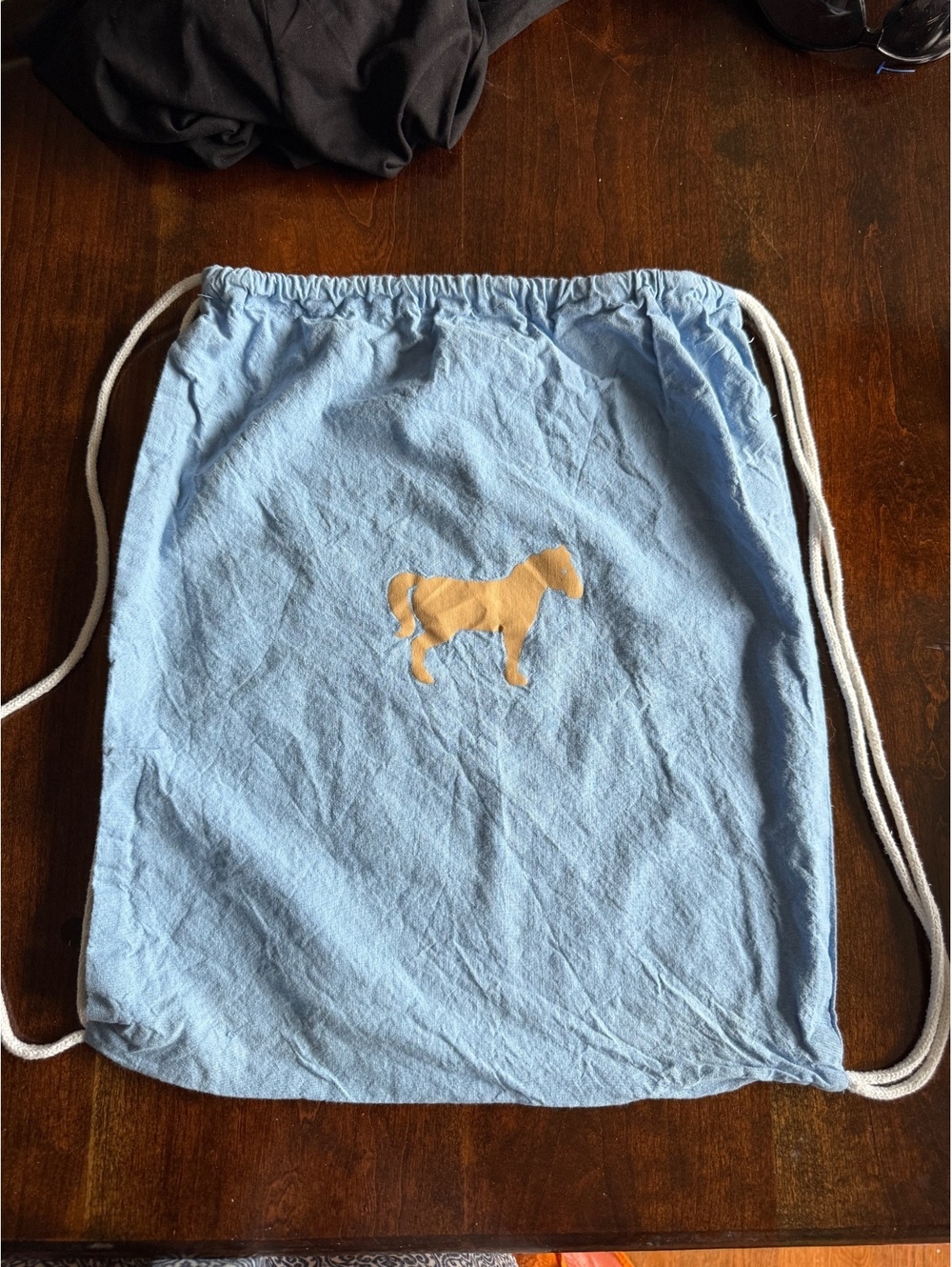 Light Blue Drawstring Cotton Backpack with Horse Graphic